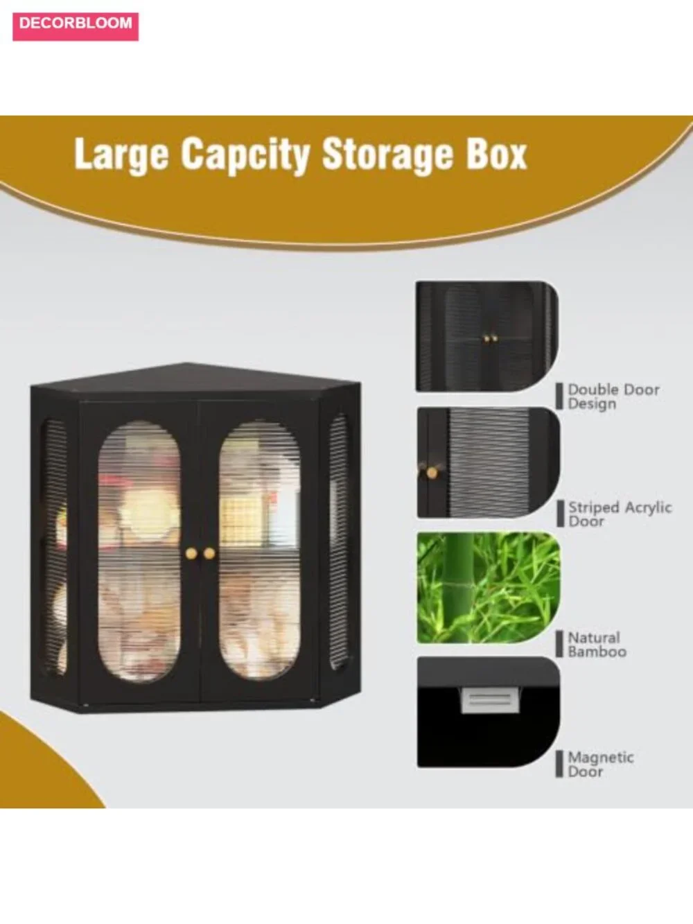 Corner Bread Box Large Double Layer Bamboo with Acrylic Windows